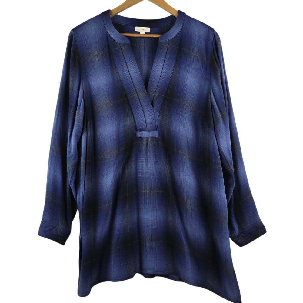J. Jill Blue Plaid Tunic Top V-Neck Long Sleeve Casual Flowy Light Womens MEDIUM